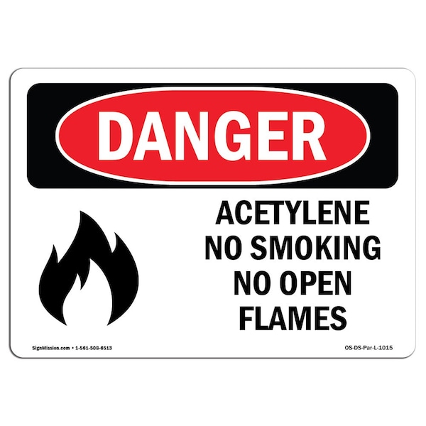 OSHA Sign, Acetylene No Smoking No Open Flames, 18in X 12in, 12" W, 18" L, Lndscp, DS-D-1218-L-1015